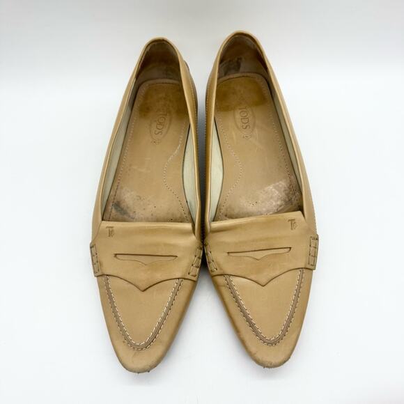 Tod's Point Toe Leather Penny Loafers Cream/Tan Size 39 Officecore Y2K Preppy - Picture 5 of 16